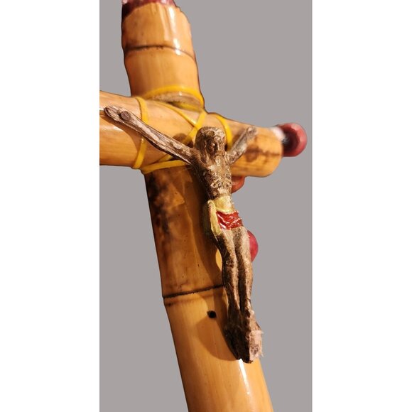 HUGE Handcrafted Wooden Rosary Necklace With Crucifix Red Beads & Yellow String - Picture 7 of 13